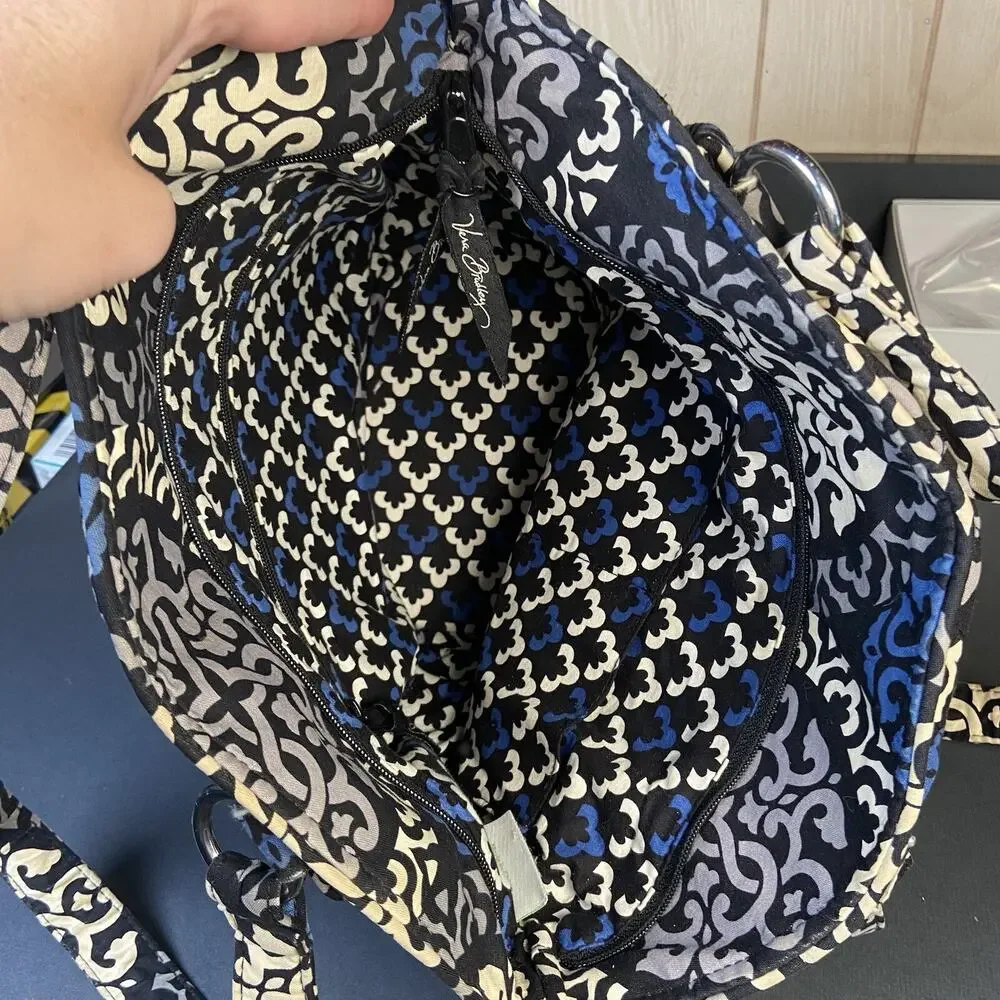 Vera Bradley Canterberry Cobalt Quilted Shoulder Bag Black Blue White EUC